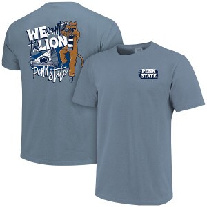 denim blue short sleeve t-shirt, Penn State on front left chest, We Want the Lion Penn State Mascot on back